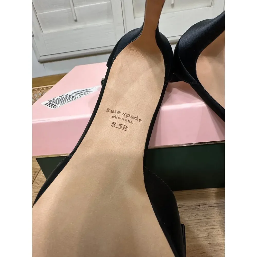 Kate Spade Bridal Bow Ankle Strap Sandals Heels Black Satin Size 8.5 NIB Wedding